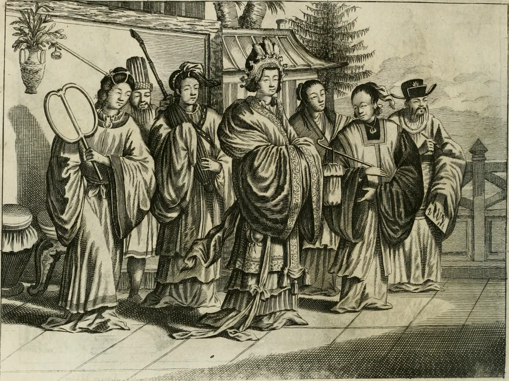 An illustration from Gedenkwaerdig bedryf der Nederlandsche Oost-Indische maetschappye, op de kuste en in het keizerrijk van Taising of Sina: behelzende het tweede gezandschap aen den onder-koning Singlamong en veldheer Taising Lipoui; door Jan van Kampen en Konstantyn Nobel. Vervolgt met een verhael van het voorgevallen des jaers zestien hondert drie ein vier en zestig, op de kust van Sina, en ontrent d'eilanden Tayowan, Formosa, Ay en Quemuy, onder 't gezag van Balthasar Bort: en het derde gezandschap aen Konchy, Tartarsche keizer van Sina en Oost-Tartarye: onder beleit van Zijne Ed. Pieter van Hoorn. Beneffens een beschryving van geheel Sina. Verciert doorgaens met verscheide kopere platen, 1670, leaf 487