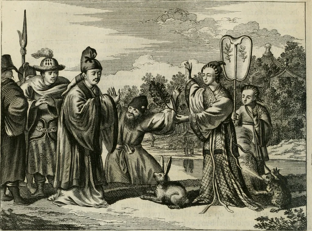 An illustration from Gedenkwaerdig bedryf der Nederlandsche Oost-Indische maetschappye, op de kuste en in het keizerrijk van Taising of Sina: behelzende het tweede gezandschap aen den onder-koning Singlamong en veldheer Taising Lipoui; door Jan van Kampen en Konstantyn Nobel. Vervolgt met een verhael van het voorgevallen des jaers zestien hondert drie ein vier en zestig, op de kust van Sina, en ontrent d'eilanden Tayowan, Formosa, Ay en Quemuy, onder 't gezag van Balthasar Bort: en het derde gezandschap aen Konchy, Tartarsche keizer van Sina en Oost-Tartarye: onder beleit van Zijne Ed. Pieter van Hoorn. Beneffens een beschryving van geheel Sina. Verciert doorgaens met verscheide kopere platen, 1670, leaf 493
