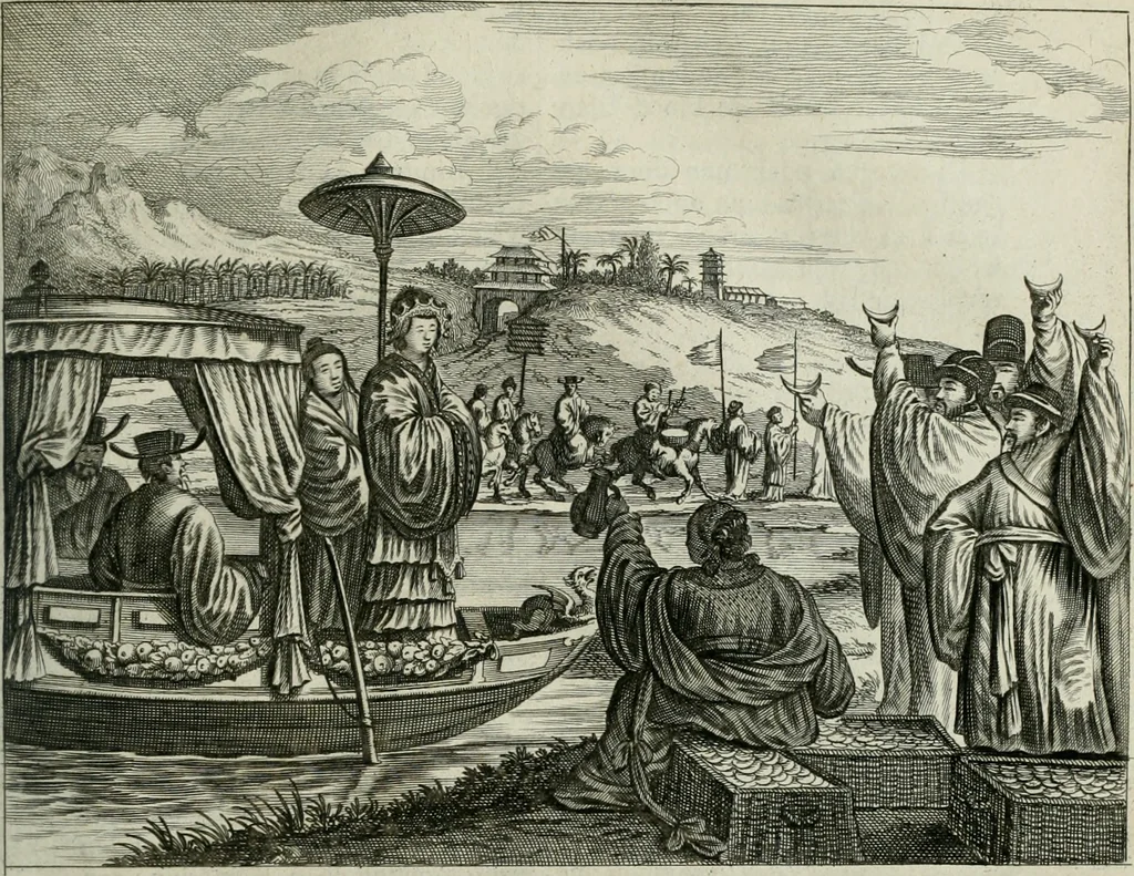 An illustration from Gedenkwaerdig bedryf der Nederlandsche Oost-Indische maetschappye, op de kuste en in het keizerrijk van Taising of Sina: behelzende het tweede gezandschap aen den onder-koning Singlamong en veldheer Taising Lipoui; door Jan van Kampen en Konstantyn Nobel. Vervolgt met een verhael van het voorgevallen des jaers zestien hondert drie ein vier en zestig, op de kust van Sina, en ontrent d'eilanden Tayowan, Formosa, Ay en Quemuy, onder 't gezag van Balthasar Bort: en het derde gezandschap aen Konchy, Tartarsche keizer van Sina en Oost-Tartarye: onder beleit van Zijne Ed. Pieter van Hoorn. Beneffens een beschryving van geheel Sina. Verciert doorgaens met verscheide kopere platen, 1670, leaf 522
