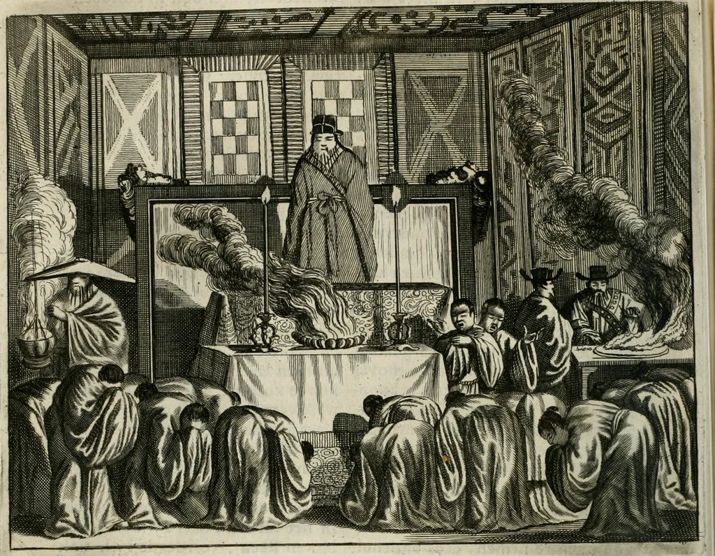 An illustration from Gedenkwaerdig bedryf der Nederlandsche Oost-Indische maetschappye, op de kuste en in het keizerrijk van Taising of Sina: behelzende het tweede gezandschap aen den onder-koning Singlamong en veldheer Taising Lipoui; door Jan van Kampen en Konstantyn Nobel. Vervolgt met een verhael van het voorgevallen des jaers zestien hondert drie ein vier en zestig, op de kust van Sina, en ontrent d'eilanden Tayowan, Formosa, Ay en Quemuy, onder 't gezag van Balthasar Bort: en het derde gezandschap aen Konchy, Tartarsche keizer van Sina en Oost-Tartarye: onder beleit van Zijne Ed. Pieter van Hoorn. Beneffens een beschryving van geheel Sina. Verciert doorgaens met verscheide kopere platen, 1670, leaf 525