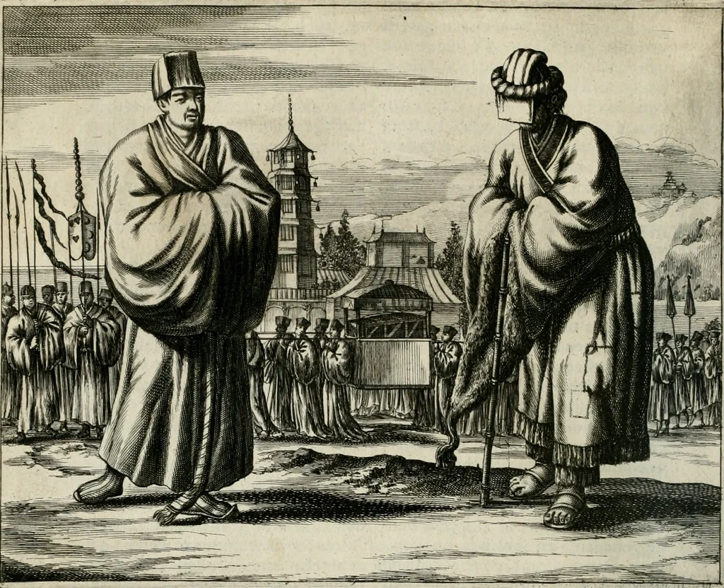 An illustration from Gedenkwaerdig bedryf der Nederlandsche Oost-Indische maetschappye, op de kuste en in het keizerrijk van Taising of Sina: behelzende het tweede gezandschap aen den onder-koning Singlamong en veldheer Taising Lipoui; door Jan van Kampen en Konstantyn Nobel. Vervolgt met een verhael van het voorgevallen des jaers zestien hondert drie ein vier en zestig, op de kust van Sina, en ontrent d'eilanden Tayowan, Formosa, Ay en Quemuy, onder 't gezag van Balthasar Bort: en het derde gezandschap aen Konchy, Tartarsche keizer van Sina en Oost-Tartarye: onder beleit van Zijne Ed. Pieter van Hoorn. Beneffens een beschryving van geheel Sina. Verciert doorgaens met verscheide kopere platen, 1670, leaf 531