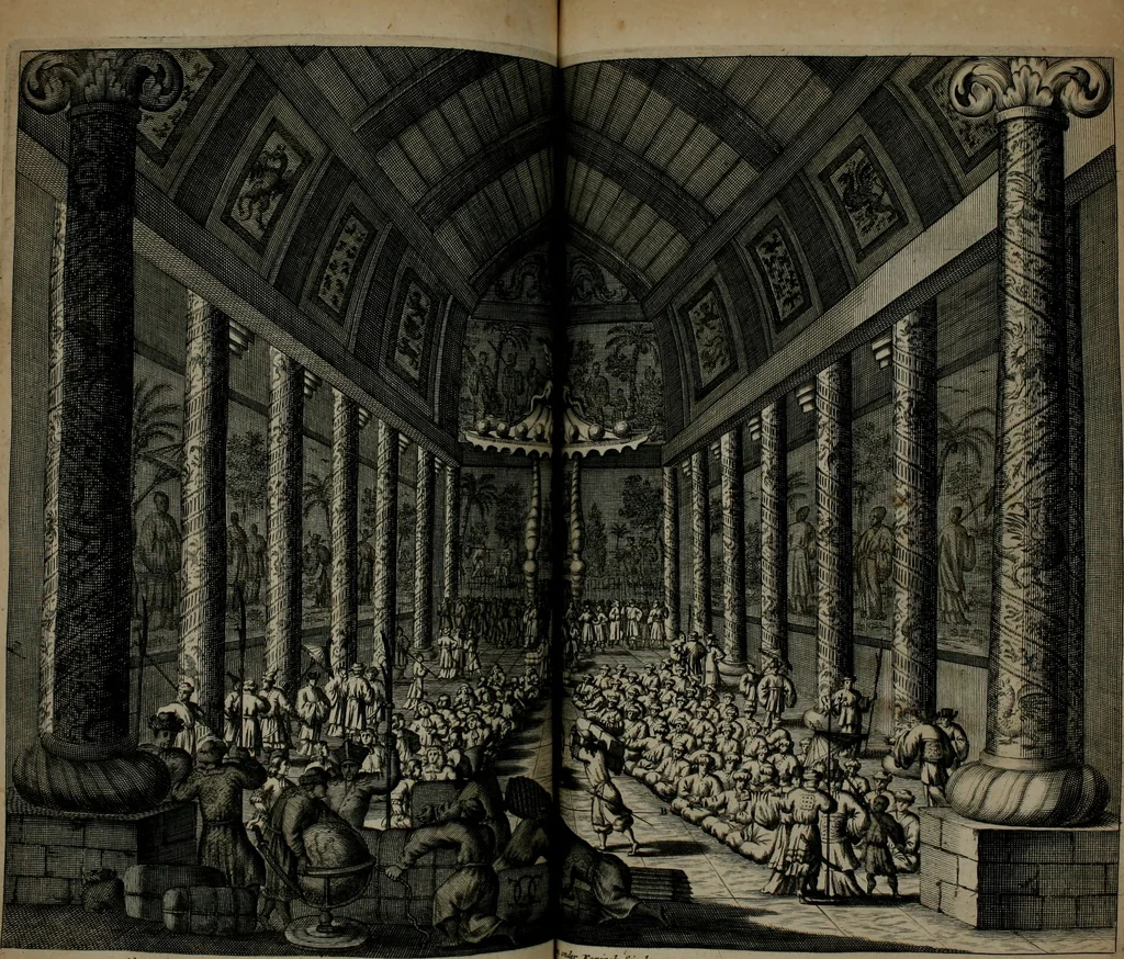 An illustration from Gedenkwaerdig bedryf der Nederlandsche Oost-Indische maetschappye, op de kuste en in het keizerrijk van Taising of Sina: behelzende het tweede gezandschap aen den onder-koning Singlamong en veldheer Taising Lipoui; door Jan van Kampen en Konstantyn Nobel. Vervolgt met een verhael van het voorgevallen des jaers zestien hondert drie ein vier en zestig, op de kust van Sina, en ontrent d'eilanden Tayowan, Formosa, Ay en Quemuy, onder 't gezag van Balthasar Bort: en het derde gezandschap aen Konchy, Tartarsche keizer van Sina en Oost-Tartarye: onder beleit van Zijne Ed. Pieter van Hoorn. Beneffens een beschryving van geheel Sina. Verciert doorgaens met verscheide kopere platen, 1670, leaf 535