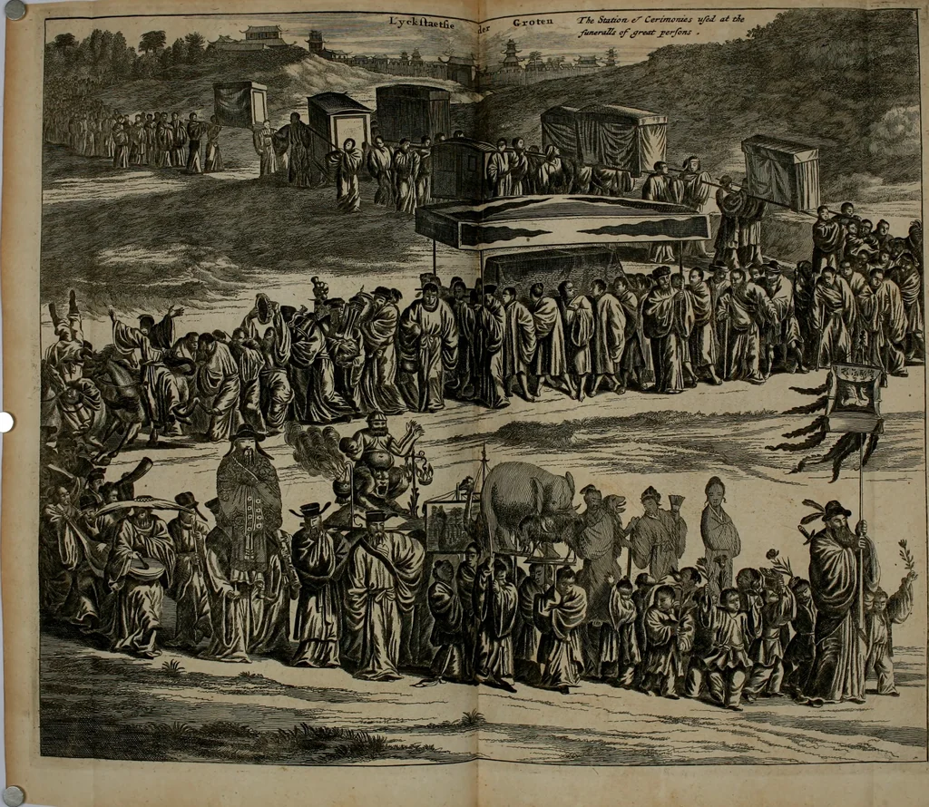 An illustration from Gedenkwaerdig bedryf der Nederlandsche Oost-Indische maetschappye, op de kuste en in het keizerrijk van Taising of Sina: behelzende het tweede gezandschap aen den onder-koning Singlamong en veldheer Taising Lipoui; door Jan van Kampen en Konstantyn Nobel. Vervolgt met een verhael van het voorgevallen des jaers zestien hondert drie ein vier en zestig, op de kust van Sina, en ontrent d'eilanden Tayowan, Formosa, Ay en Quemuy, onder 't gezag van Balthasar Bort: en het derde gezandschap aen Konchy, Tartarsche keizer van Sina en Oost-Tartarye: onder beleit van Zijne Ed. Pieter van Hoorn. Beneffens een beschryving van geheel Sina. Verciert doorgaens met verscheide kopere platen, 1670, leaf 543