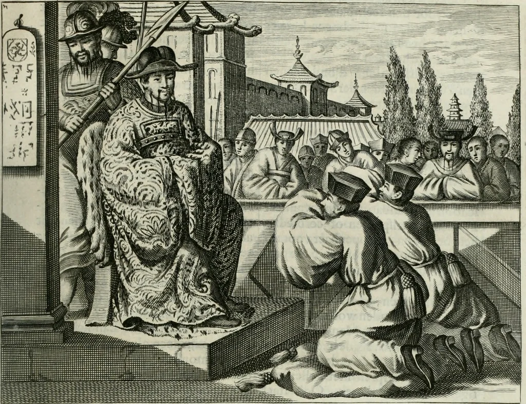An illustration from Gedenkwaerdig bedryf der Nederlandsche Oost-Indische maetschappye, op de kuste en in het keizerrijk van Taising of Sina: behelzende het tweede gezandschap aen den onder-koning Singlamong en veldheer Taising Lipoui; door Jan van Kampen en Konstantyn Nobel. Vervolgt met een verhael van het voorgevallen des jaers zestien hondert drie ein vier en zestig, op de kust van Sina, en ontrent d'eilanden Tayowan, Formosa, Ay en Quemuy, onder 't gezag van Balthasar Bort: en het derde gezandschap aen Konchy, Tartarsche keizer van Sina en Oost-Tartarye: onder beleit van Zijne Ed. Pieter van Hoorn. Beneffens een beschryving van geheel Sina. Verciert doorgaens met verscheide kopere platen, 1670, leaf 570
