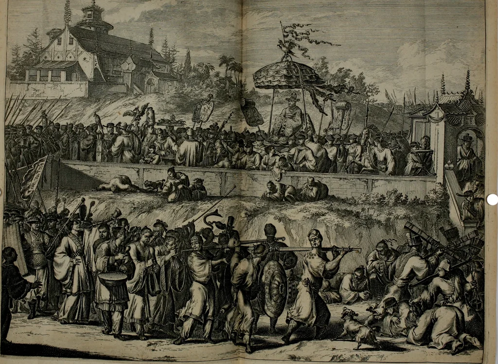 An illustration from Gedenkwaerdig bedryf der Nederlandsche Oost-Indische maetschappye, op de kuste en in het keizerrijk van Taising of Sina: behelzende het tweede gezandschap aen den onder-koning Singlamong en veldheer Taising Lipoui; door Jan van Kampen en Konstantyn Nobel. Vervolgt met een verhael van het voorgevallen des jaers zestien hondert drie ein vier en zestig, op de kust van Sina, en ontrent d'eilanden Tayowan, Formosa, Ay en Quemuy, onder 't gezag van Balthasar Bort: en het derde gezandschap aen Konchy, Tartarsche keizer van Sina en Oost-Tartarye: onder beleit van Zijne Ed. Pieter van Hoorn. Beneffens een beschryving van geheel Sina. Verciert doorgaens met verscheide kopere platen, 1670, leaf 579