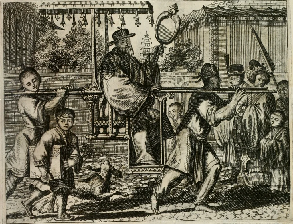 An illustration from Gedenkwaerdig bedryf der Nederlandsche Oost-Indische maetschappye, op de kuste en in het keizerrijk van Taising of Sina: behelzende het tweede gezandschap aen den onder-koning Singlamong en veldheer Taising Lipoui; door Jan van Kampen en Konstantyn Nobel. Vervolgt met een verhael van het voorgevallen des jaers zestien hondert drie ein vier en zestig, op de kust van Sina, en ontrent d'eilanden Tayowan, Formosa, Ay en Quemuy, onder 't gezag van Balthasar Bort: en het derde gezandschap aen Konchy, Tartarsche keizer van Sina en Oost-Tartarye: onder beleit van Zijne Ed. Pieter van Hoorn. Beneffens een beschryving van geheel Sina. Verciert doorgaens met verscheide kopere platen, 1670, leaf 580