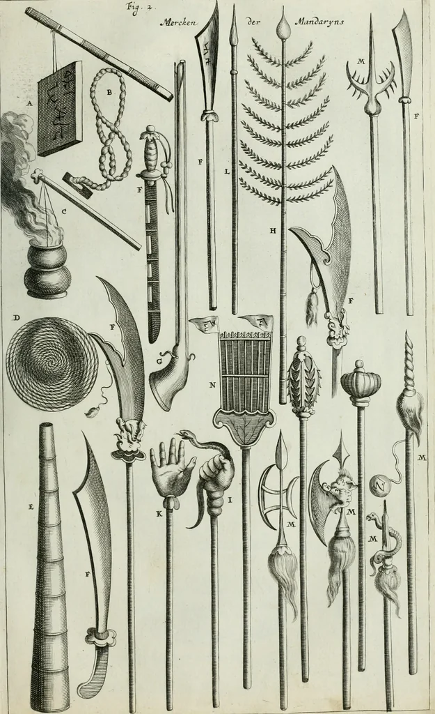 An illustration from Gedenkwaerdig bedryf der Nederlandsche Oost-Indische maetschappye, op de kuste en in het keizerrijk van Taising of Sina: behelzende het tweede gezandschap aen den onder-koning Singlamong en veldheer Taising Lipoui; door Jan van Kampen en Konstantyn Nobel. Vervolgt met een verhael van het voorgevallen des jaers zestien hondert drie ein vier en zestig, op de kust van Sina, en ontrent d'eilanden Tayowan, Formosa, Ay en Quemuy, onder 't gezag van Balthasar Bort: en het derde gezandschap aen Konchy, Tartarsche keizer van Sina en Oost-Tartarye: onder beleit van Zijne Ed. Pieter van Hoorn. Beneffens een beschryving van geheel Sina. Verciert doorgaens met verscheide kopere platen, 1670, leaf 582