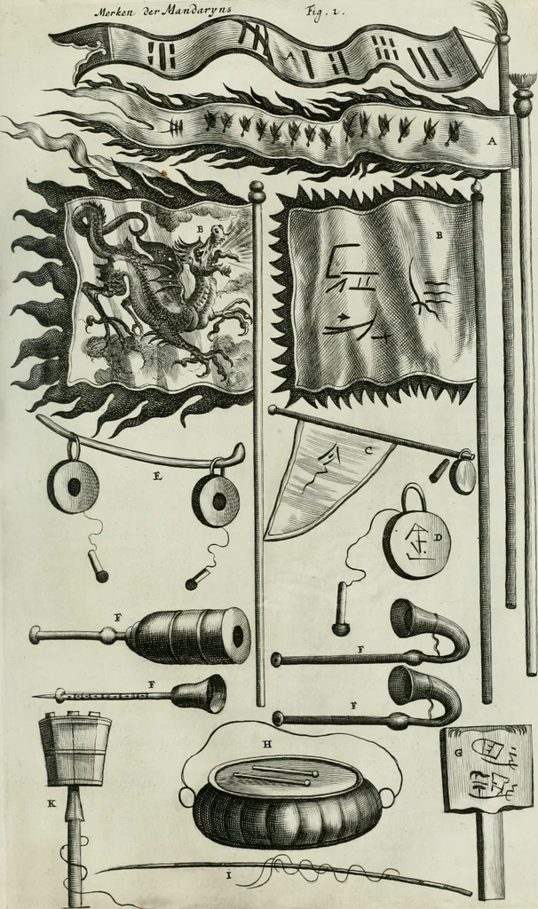 An illustration from Gedenkwaerdig bedryf der Nederlandsche Oost-Indische maetschappye, op de kuste en in het keizerrijk van Taising of Sina: behelzende het tweede gezandschap aen den onder-koning Singlamong en veldheer Taising Lipoui; door Jan van Kampen en Konstantyn Nobel. Vervolgt met een verhael van het voorgevallen des jaers zestien hondert drie ein vier en zestig, op de kust van Sina, en ontrent d'eilanden Tayowan, Formosa, Ay en Quemuy, onder 't gezag van Balthasar Bort: en het derde gezandschap aen Konchy, Tartarsche keizer van Sina en Oost-Tartarye: onder beleit van Zijne Ed. Pieter van Hoorn. Beneffens een beschryving van geheel Sina. Verciert doorgaens met verscheide kopere platen, 1670, leaf 584