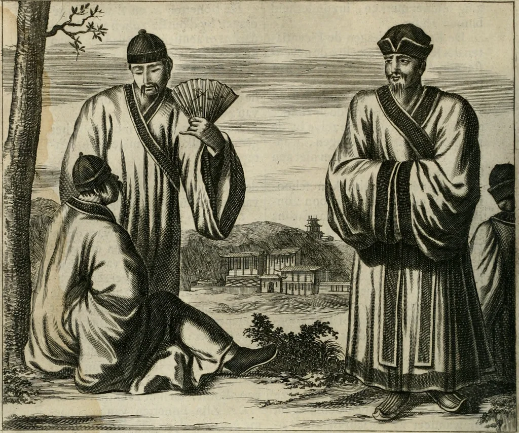 An illustration from Gedenkwaerdig bedryf der Nederlandsche Oost-Indische maetschappye, op de kuste en in het keizerrijk van Taising of Sina: behelzende het tweede gezandschap aen den onder-koning Singlamong en veldheer Taising Lipoui; door Jan van Kampen en Konstantyn Nobel. Vervolgt met een verhael van het voorgevallen des jaers zestien hondert drie ein vier en zestig, op de kust van Sina, en ontrent d'eilanden Tayowan, Formosa, Ay en Quemuy, onder 't gezag van Balthasar Bort: en het derde gezandschap aen Konchy, Tartarsche keizer van Sina en Oost-Tartarye: onder beleit van Zijne Ed. Pieter van Hoorn. Beneffens een beschryving van geheel Sina. Verciert doorgaens met verscheide kopere platen, 1670, leaf 593