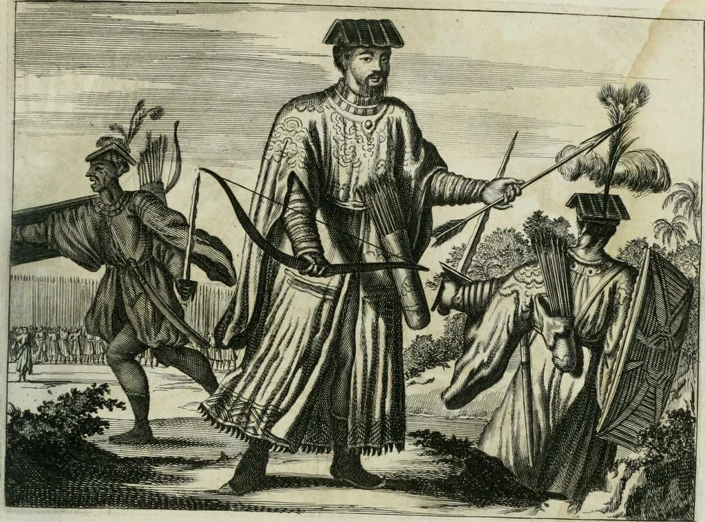 An illustration from Gedenkwaerdig bedryf der Nederlandsche Oost-Indische maetschappye, op de kuste en in het keizerrijk van Taising of Sina: behelzende het tweede gezandschap aen den onder-koning Singlamong en veldheer Taising Lipoui; door Jan van Kampen en Konstantyn Nobel. Vervolgt met een verhael van het voorgevallen des jaers zestien hondert drie ein vier en zestig, op de kust van Sina, en ontrent d'eilanden Tayowan, Formosa, Ay en Quemuy, onder 't gezag van Balthasar Bort: en het derde gezandschap aen Konchy, Tartarsche keizer van Sina en Oost-Tartarye: onder beleit van Zijne Ed. Pieter van Hoorn. Beneffens een beschryving van geheel Sina. Verciert doorgaens met verscheide kopere platen, 1670, leaf 598