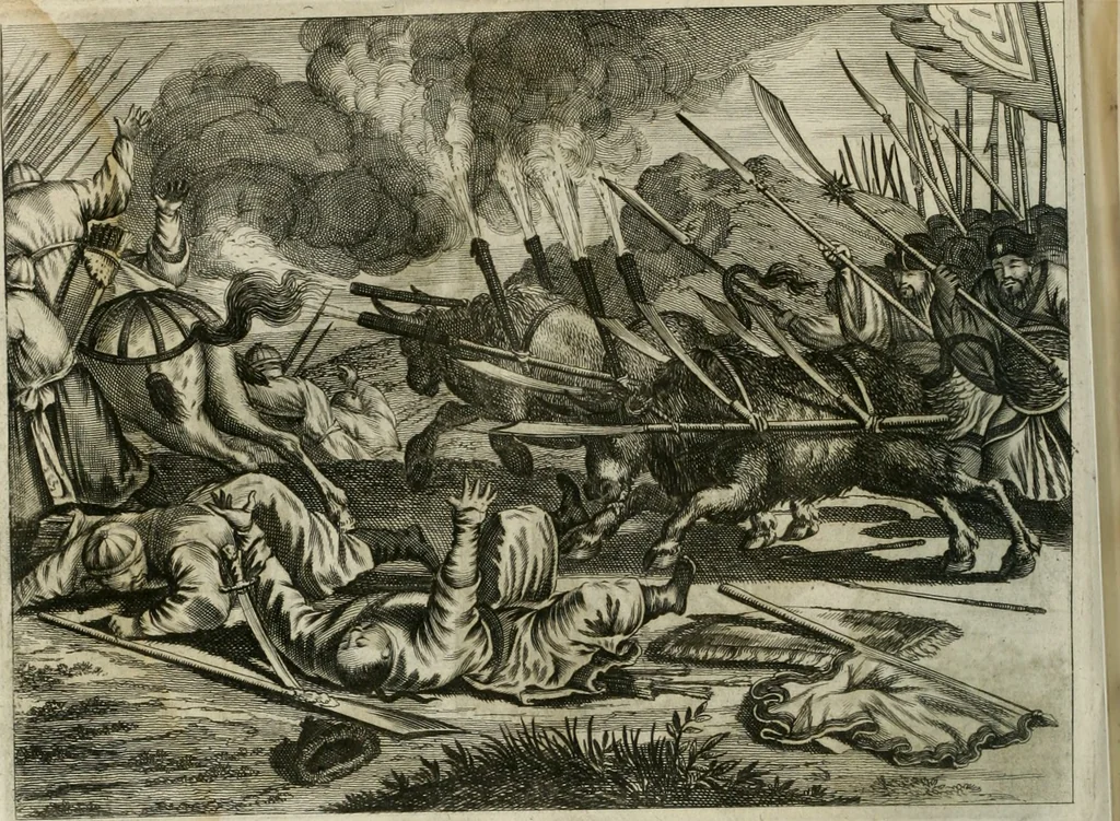 An illustration from Gedenkwaerdig bedryf der Nederlandsche Oost-Indische maetschappye, op de kuste en in het keizerrijk van Taising of Sina: behelzende het tweede gezandschap aen den onder-koning Singlamong en veldheer Taising Lipoui; door Jan van Kampen en Konstantyn Nobel. Vervolgt met een verhael van het voorgevallen des jaers zestien hondert drie ein vier en zestig, op de kust van Sina, en ontrent d'eilanden Tayowan, Formosa, Ay en Quemuy, onder 't gezag van Balthasar Bort: en het derde gezandschap aen Konchy, Tartarsche keizer van Sina en Oost-Tartarye: onder beleit van Zijne Ed. Pieter van Hoorn. Beneffens een beschryving van geheel Sina. Verciert doorgaens met verscheide kopere platen, 1670, leaf 599