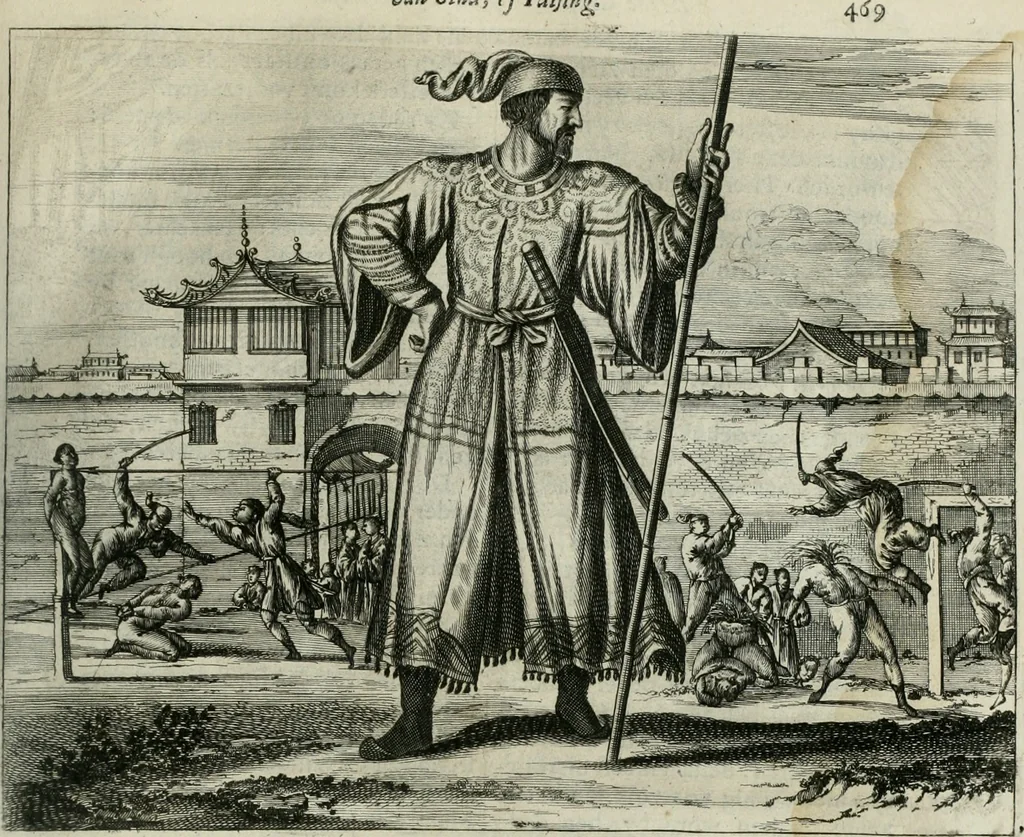 An illustration from Gedenkwaerdig bedryf der Nederlandsche Oost-Indische maetschappye, op de kuste en in het keizerrijk van Taising of Sina: behelzende het tweede gezandschap aen den onder-koning Singlamong en veldheer Taising Lipoui; door Jan van Kampen en Konstantyn Nobel. Vervolgt met een verhael van het voorgevallen des jaers zestien hondert drie ein vier en zestig, op de kust van Sina, en ontrent d'eilanden Tayowan, Formosa, Ay en Quemuy, onder 't gezag van Balthasar Bort: en het derde gezandschap aen Konchy, Tartarsche keizer van Sina en Oost-Tartarye: onder beleit van Zijne Ed. Pieter van Hoorn. Beneffens een beschryving van geheel Sina. Verciert doorgaens met verscheide kopere platen, 1670, leaf 600