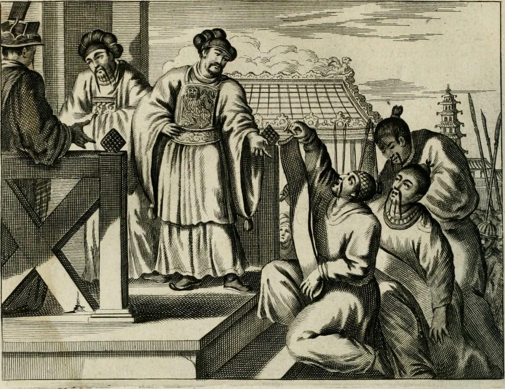 An illustration from Gedenkwaerdig bedryf der Nederlandsche Oost-Indische maetschappye, op de kuste en in het keizerrijk van Taising of Sina: behelzende het tweede gezandschap aen den onder-koning Singlamong en veldheer Taising Lipoui; door Jan van Kampen en Konstantyn Nobel. Vervolgt met een verhael van het voorgevallen des jaers zestien hondert drie ein vier en zestig, op de kust van Sina, en ontrent d'eilanden Tayowan, Formosa, Ay en Quemuy, onder 't gezag van Balthasar Bort: en het derde gezandschap aen Konchy, Tartarsche keizer van Sina en Oost-Tartarye: onder beleit van Zijne Ed. Pieter van Hoorn. Beneffens een beschryving van geheel Sina. Verciert doorgaens met verscheide kopere platen, 1670, leaf 607
