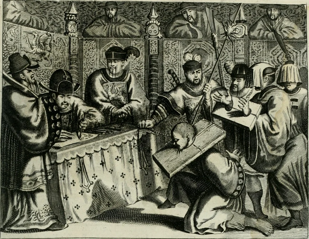 An illustration from Gedenkwaerdig bedryf der Nederlandsche Oost-Indische maetschappye, op de kuste en in het keizerrijk van Taising of Sina: behelzende het tweede gezandschap aen den onder-koning Singlamong en veldheer Taising Lipoui; door Jan van Kampen en Konstantyn Nobel. Vervolgt met een verhael van het voorgevallen des jaers zestien hondert drie ein vier en zestig, op de kust van Sina, en ontrent d'eilanden Tayowan, Formosa, Ay en Quemuy, onder 't gezag van Balthasar Bort: en het derde gezandschap aen Konchy, Tartarsche keizer van Sina en Oost-Tartarye: onder beleit van Zijne Ed. Pieter van Hoorn. Beneffens een beschryving van geheel Sina. Verciert doorgaens met verscheide kopere platen, 1670, leaf 608