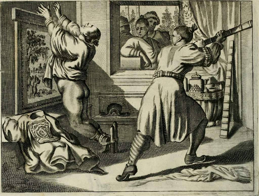 An illustration from Gedenkwaerdig bedryf der Nederlandsche Oost-Indische maetschappye, op de kuste en in het keizerrijk van Taising of Sina: behelzende het tweede gezandschap aen den onder-koning Singlamong en veldheer Taising Lipoui; door Jan van Kampen en Konstantyn Nobel. Vervolgt met een verhael van het voorgevallen des jaers zestien hondert drie ein vier en zestig, op de kust van Sina, en ontrent d'eilanden Tayowan, Formosa, Ay en Quemuy, onder 't gezag van Balthasar Bort: en het derde gezandschap aen Konchy, Tartarsche keizer van Sina en Oost-Tartarye: onder beleit van Zijne Ed. Pieter van Hoorn. Beneffens een beschryving van geheel Sina. Verciert doorgaens met verscheide kopere platen, 1670, leaf 609
