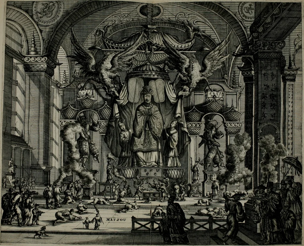 An illustration from Gedenkwaerdig bedryf der Nederlandsche Oost-Indische maetschappye, op de kuste en in het keizerrijk van Taising of Sina: behelzende het tweede gezandschap aen den onder-koning Singlamong en veldheer Taising Lipoui; door Jan van Kampen en Konstantyn Nobel. Vervolgt met een verhael van het voorgevallen des jaers zestien hondert drie ein vier en zestig, op de kust van Sina, en ontrent d'eilanden Tayowan, Formosa, Ay en Quemuy, onder 't gezag van Balthasar Bort: en het derde gezandschap aen Konchy, Tartarsche keizer van Sina en Oost-Tartarye: onder beleit van Zijne Ed. Pieter van Hoorn. Beneffens een beschryving van geheel Sina. Verciert doorgaens met verscheide kopere platen, 1670, leaf 61