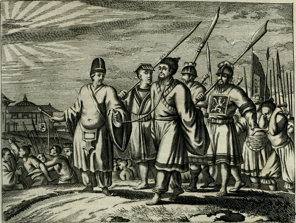 An illustration from Gedenkwaerdig bedryf der Nederlandsche Oost-Indische maetschappye, op de kuste en in het keizerrijk van Taising of Sina: behelzende het tweede gezandschap aen den onder-koning Singlamong en veldheer Taising Lipoui; door Jan van Kampen en Konstantyn Nobel. Vervolgt met een verhael van het voorgevallen des jaers zestien hondert drie ein vier en zestig, op de kust van Sina, en ontrent d'eilanden Tayowan, Formosa, Ay en Quemuy, onder 't gezag van Balthasar Bort: en het derde gezandschap aen Konchy, Tartarsche keizer van Sina en Oost-Tartarye: onder beleit van Zijne Ed. Pieter van Hoorn. Beneffens een beschryving van geheel Sina. Verciert doorgaens met verscheide kopere platen, 1670, leaf 612