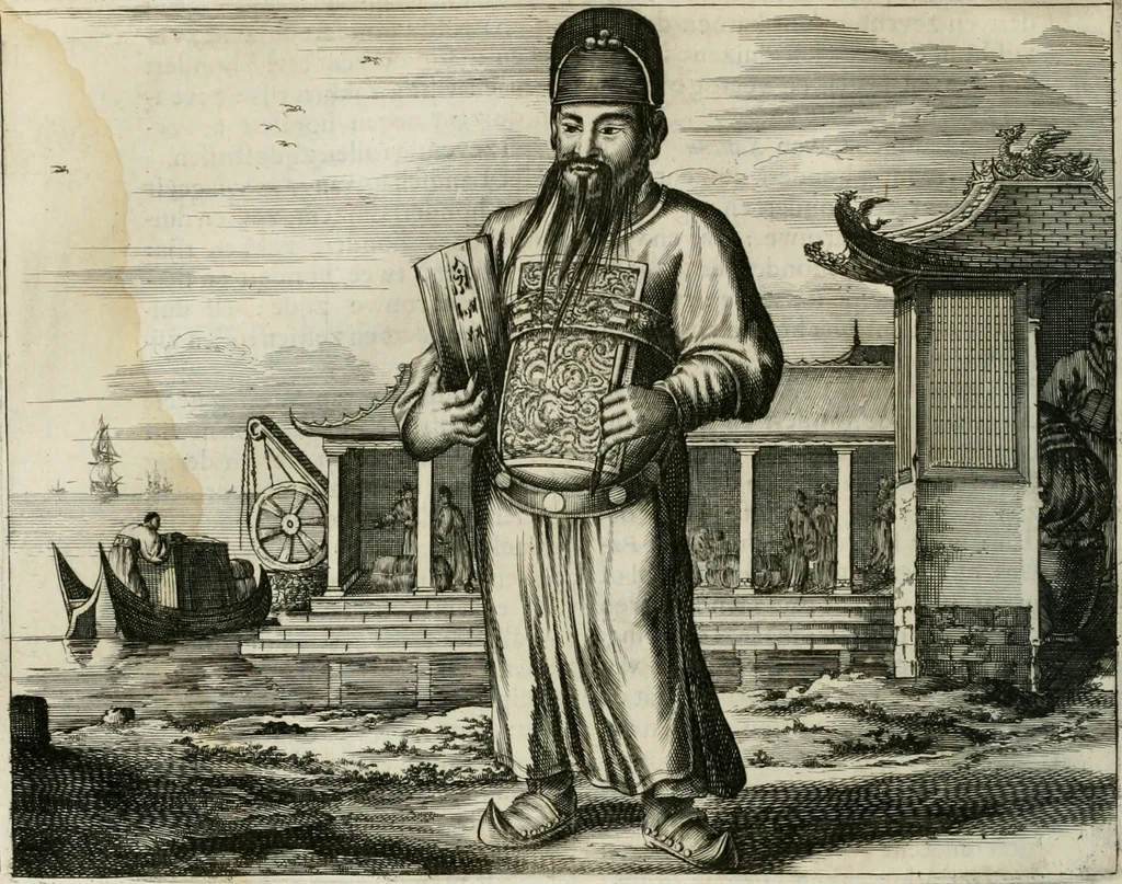 An illustration from Gedenkwaerdig bedryf der Nederlandsche Oost-Indische maetschappye, op de kuste en in het keizerrijk van Taising of Sina: behelzende het tweede gezandschap aen den onder-koning Singlamong en veldheer Taising Lipoui; door Jan van Kampen en Konstantyn Nobel. Vervolgt met een verhael van het voorgevallen des jaers zestien hondert drie ein vier en zestig, op de kust van Sina, en ontrent d'eilanden Tayowan, Formosa, Ay en Quemuy, onder 't gezag van Balthasar Bort: en het derde gezandschap aen Konchy, Tartarsche keizer van Sina en Oost-Tartarye: onder beleit van Zijne Ed. Pieter van Hoorn. Beneffens een beschryving van geheel Sina. Verciert doorgaens met verscheide kopere platen, 1670, leaf 615