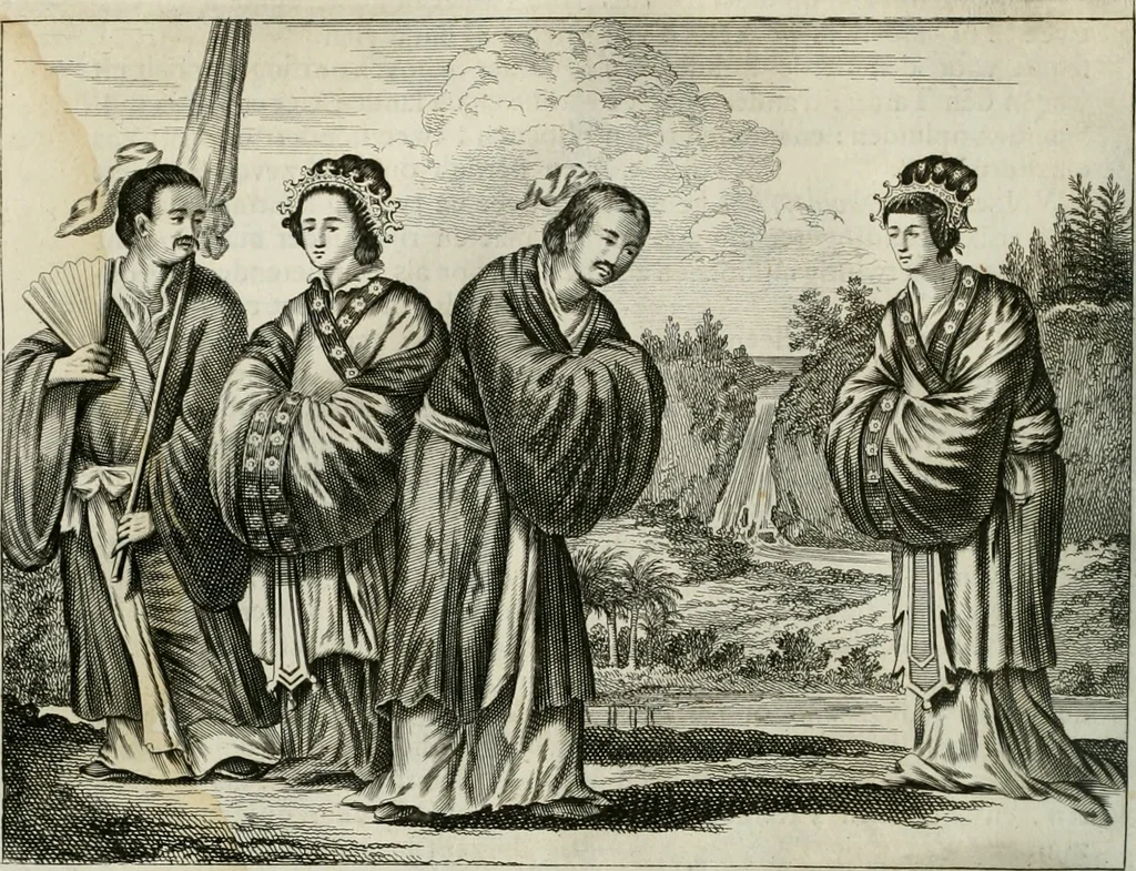 An illustration from Gedenkwaerdig bedryf der Nederlandsche Oost-Indische maetschappye, op de kuste en in het keizerrijk van Taising of Sina: behelzende het tweede gezandschap aen den onder-koning Singlamong en veldheer Taising Lipoui; door Jan van Kampen en Konstantyn Nobel. Vervolgt met een verhael van het voorgevallen des jaers zestien hondert drie ein vier en zestig, op de kust van Sina, en ontrent d'eilanden Tayowan, Formosa, Ay en Quemuy, onder 't gezag van Balthasar Bort: en het derde gezandschap aen Konchy, Tartarsche keizer van Sina en Oost-Tartarye: onder beleit van Zijne Ed. Pieter van Hoorn. Beneffens een beschryving van geheel Sina. Verciert doorgaens met verscheide kopere platen, 1670, leaf 617
