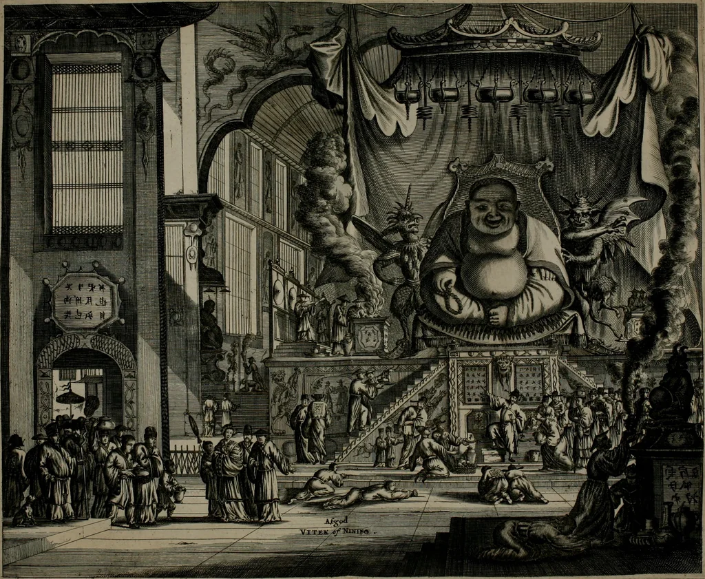 An illustration from Gedenkwaerdig bedryf der Nederlandsche Oost-Indische maetschappye, op de kuste en in het keizerrijk van Taising of Sina: behelzende het tweede gezandschap aen den onder-koning Singlamong en veldheer Taising Lipoui; door Jan van Kampen en Konstantyn Nobel. Vervolgt met een verhael van het voorgevallen des jaers zestien hondert drie ein vier en zestig, op de kust van Sina, en ontrent d'eilanden Tayowan, Formosa, Ay en Quemuy, onder 't gezag van Balthasar Bort: en het derde gezandschap aen Konchy, Tartarsche keizer van Sina en Oost-Tartarye: onder beleit van Zijne Ed. Pieter van Hoorn. Beneffens een beschryving van geheel Sina. Verciert doorgaens met verscheide kopere platen, 1670, leaf 781