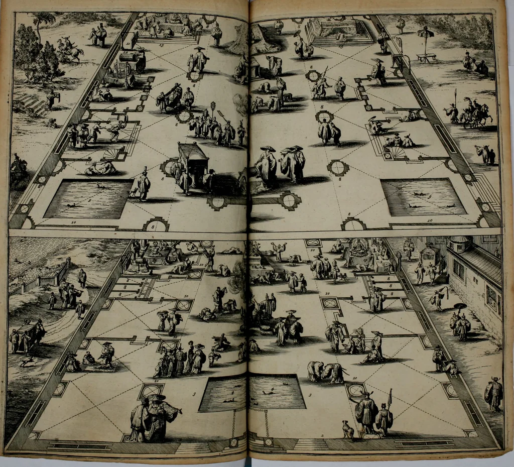 An illustration from Gedenkwaerdig bedryf der Nederlandsche Oost-Indische maetschappye, op de kuste en in het keizerrijk van Taising of Sina: behelzende het tweede gezandschap aen den onder-koning Singlamong en veldheer Taising Lipoui; door Jan van Kampen en Konstantyn Nobel. Vervolgt met een verhael van het voorgevallen des jaers zestien hondert drie ein vier en zestig, op de kust van Sina, en ontrent d'eilanden Tayowan, Formosa, Ay en Quemuy, onder 't gezag van Balthasar Bort: en het derde gezandschap aen Konchy, Tartarsche keizer van Sina en Oost-Tartarye: onder beleit van Zijne Ed. Pieter van Hoorn. Beneffens een beschryving van geheel Sina. Verciert doorgaens met verscheide kopere platen, 1670, leaf 789