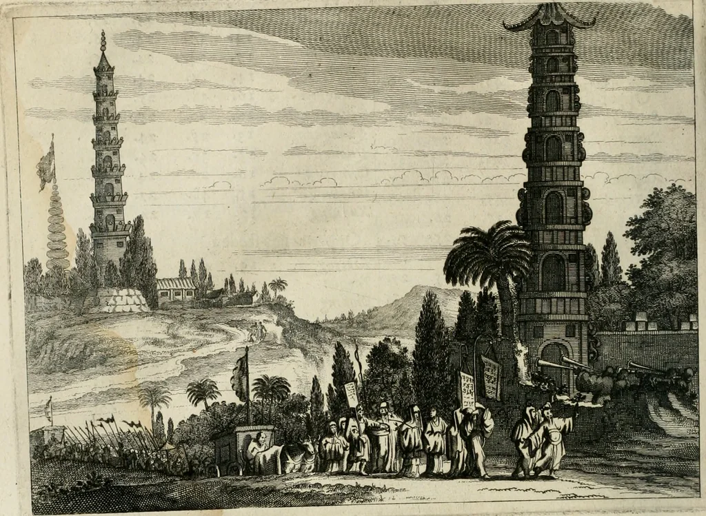 An illustration from Gedenkwaerdig bedryf der Nederlandsche Oost-Indische maetschappye, op de kuste en in het keizerrijk van Taising of Sina: behelzende het tweede gezandschap aen den onder-koning Singlamong en veldheer Taising Lipoui; door Jan van Kampen en Konstantyn Nobel. Vervolgt met een verhael van het voorgevallen des jaers zestien hondert drie ein vier en zestig, op de kust van Sina, en ontrent d'eilanden Tayowan, Formosa, Ay en Quemuy, onder 't gezag van Balthasar Bort: en het derde gezandschap aen Konchy, Tartarsche keizer van Sina en Oost-Tartarye: onder beleit van Zijne Ed. Pieter van Hoorn. Beneffens een beschryving van geheel Sina. Verciert doorgaens met verscheide kopere platen, 1670, leaf 803