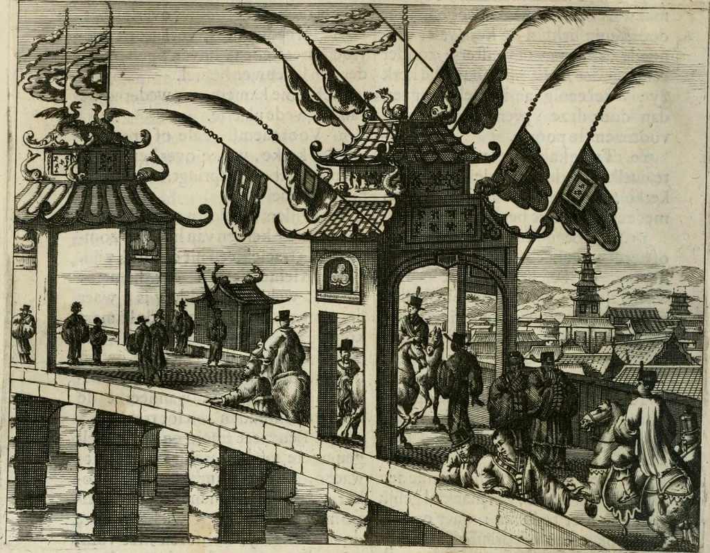 An illustration from Gedenkwaerdig bedryf der Nederlandsche Oost-Indische maetschappye, op de kuste en in het keizerrijk van Taising of Sina: behelzende het tweede gezandschap aen den onder-koning Singlamong en veldheer Taising Lipoui; door Jan van Kampen en Konstantyn Nobel. Vervolgt met een verhael van het voorgevallen des jaers zestien hondert drie ein vier en zestig, op de kust van Sina, en ontrent d'eilanden Tayowan, Formosa, Ay en Quemuy, onder 't gezag van Balthasar Bort: en het derde gezandschap aen Konchy, Tartarsche keizer van Sina en Oost-Tartarye: onder beleit van Zijne Ed. Pieter van Hoorn. Beneffens een beschryving van geheel Sina. Verciert doorgaens met verscheide kopere platen, 1670, leaf 807