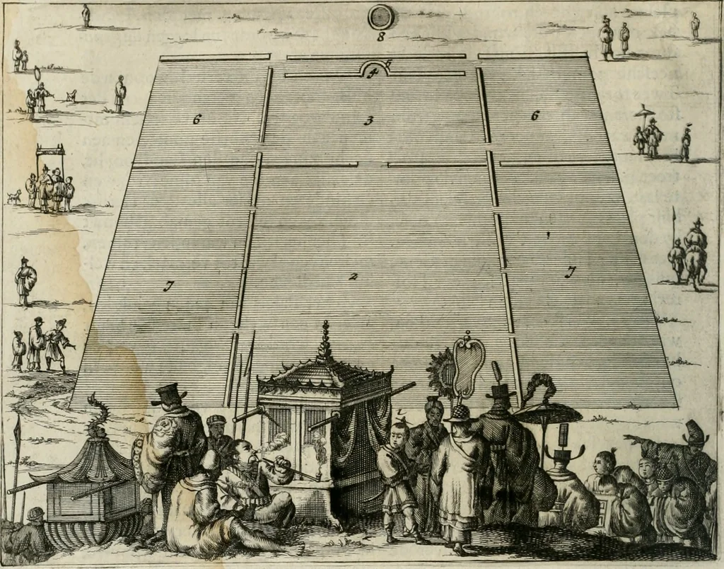 An illustration from Gedenkwaerdig bedryf der Nederlandsche Oost-Indische maetschappye, op de kuste en in het keizerrijk van Taising of Sina: behelzende het tweede gezandschap aen den onder-koning Singlamong en veldheer Taising Lipoui; door Jan van Kampen en Konstantyn Nobel. Vervolgt met een verhael van het voorgevallen des jaers zestien hondert drie ein vier en zestig, op de kust van Sina, en ontrent d'eilanden Tayowan, Formosa, Ay en Quemuy, onder 't gezag van Balthasar Bort: en het derde gezandschap aen Konchy, Tartarsche keizer van Sina en Oost-Tartarye: onder beleit van Zijne Ed. Pieter van Hoorn. Beneffens een beschryving van geheel Sina. Verciert doorgaens met verscheide kopere platen, 1670, leaf 811