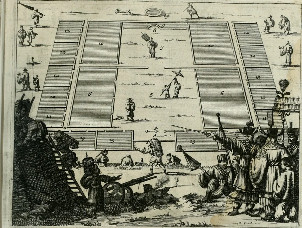 An illustration from Gedenkwaerdig bedryf der Nederlandsche Oost-Indische maetschappye, op de kuste en in het keizerrijk van Taising of Sina: behelzende het tweede gezandschap aen den onder-koning Singlamong en veldheer Taising Lipoui; door Jan van Kampen en Konstantyn Nobel. Vervolgt met een verhael van het voorgevallen des jaers zestien hondert drie ein vier en zestig, op de kust van Sina, en ontrent d'eilanden Tayowan, Formosa, Ay en Quemuy, onder 't gezag van Balthasar Bort: en het derde gezandschap aen Konchy, Tartarsche keizer van Sina en Oost-Tartarye: onder beleit van Zijne Ed. Pieter van Hoorn. Beneffens een beschryving van geheel Sina. Verciert doorgaens met verscheide kopere platen, 1670, leaf 812
