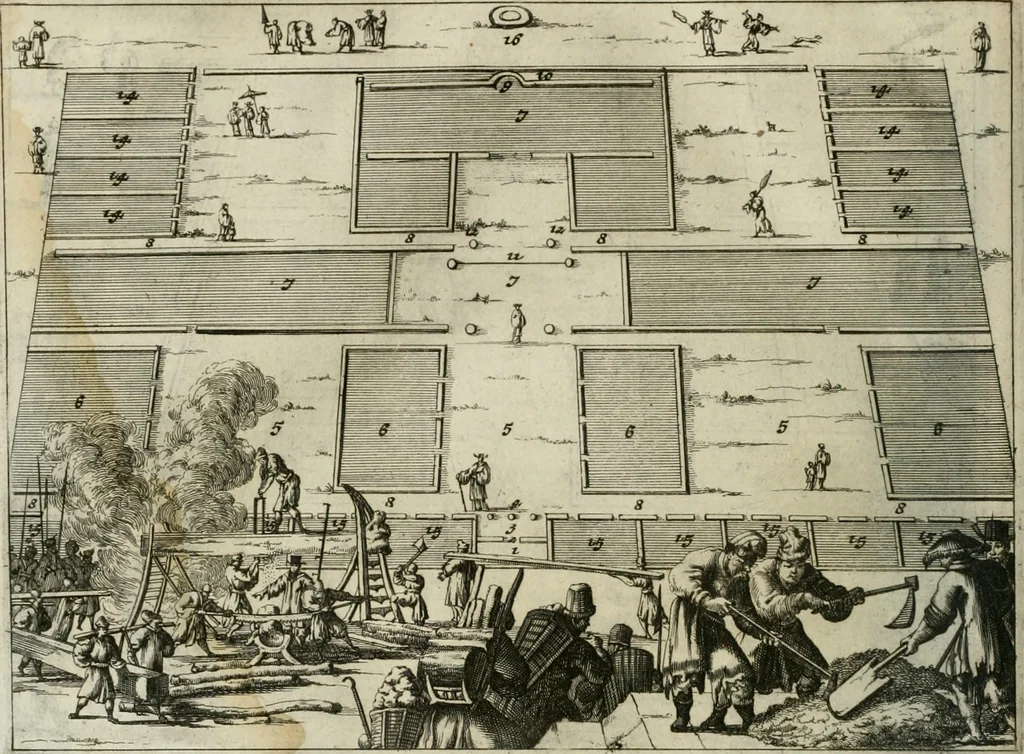 An illustration from Gedenkwaerdig bedryf der Nederlandsche Oost-Indische maetschappye, op de kuste en in het keizerrijk van Taising of Sina: behelzende het tweede gezandschap aen den onder-koning Singlamong en veldheer Taising Lipoui; door Jan van Kampen en Konstantyn Nobel. Vervolgt met een verhael van het voorgevallen des jaers zestien hondert drie ein vier en zestig, op de kust van Sina, en ontrent d'eilanden Tayowan, Formosa, Ay en Quemuy, onder 't gezag van Balthasar Bort: en het derde gezandschap aen Konchy, Tartarsche keizer van Sina en Oost-Tartarye: onder beleit van Zijne Ed. Pieter van Hoorn. Beneffens een beschryving van geheel Sina. Verciert doorgaens met verscheide kopere platen, 1670, leaf 813