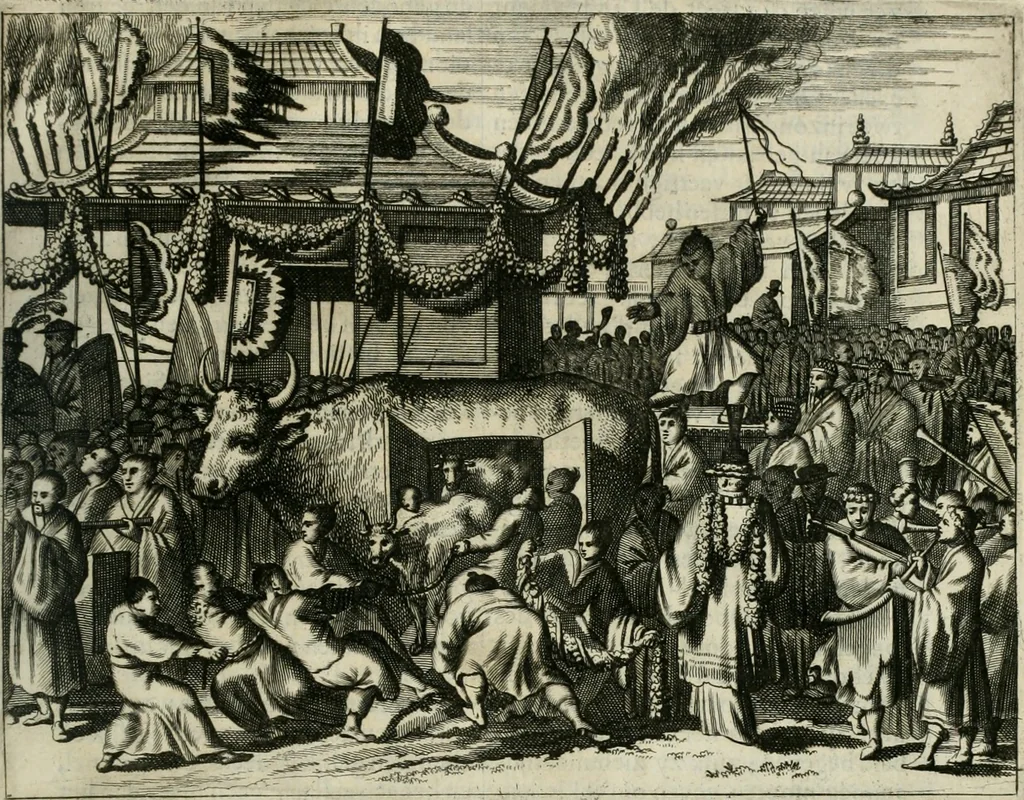 An illustration from Gedenkwaerdig bedryf der Nederlandsche Oost-Indische maetschappye, op de kuste en in het keizerrijk van Taising of Sina: behelzende het tweede gezandschap aen den onder-koning Singlamong en veldheer Taising Lipoui; door Jan van Kampen en Konstantyn Nobel. Vervolgt met een verhael van het voorgevallen des jaers zestien hondert drie ein vier en zestig, op de kust van Sina, en ontrent d'eilanden Tayowan, Formosa, Ay en Quemuy, onder 't gezag van Balthasar Bort: en het derde gezandschap aen Konchy, Tartarsche keizer van Sina en Oost-Tartarye: onder beleit van Zijne Ed. Pieter van Hoorn. Beneffens een beschryving van geheel Sina. Verciert doorgaens met verscheide kopere platen, 1670, leaf 880