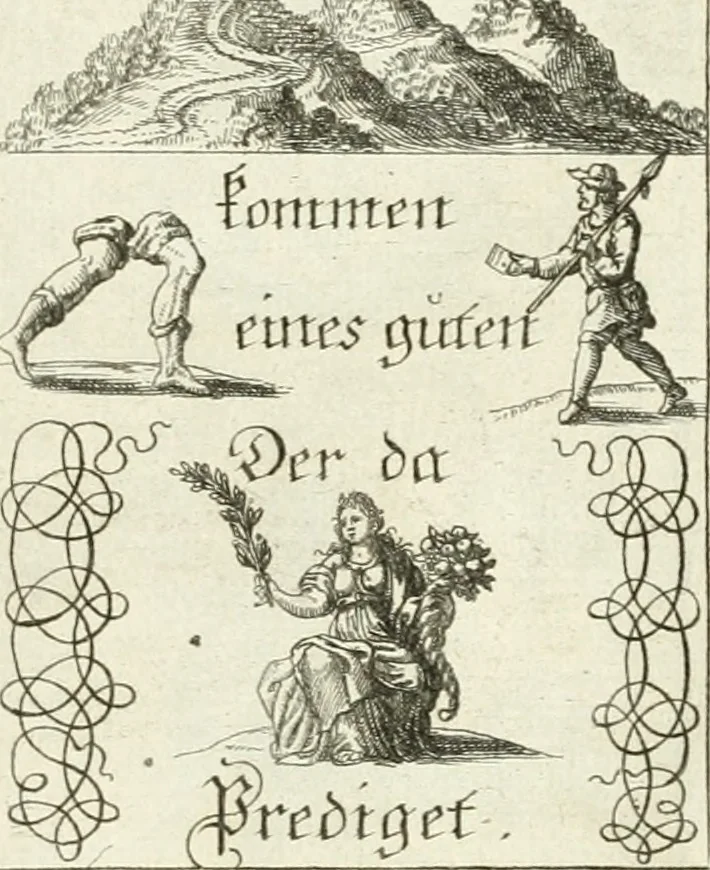 An illustration from Geistliche Herzens-Einbildungen inn zweihundert und fünfzig biblischen Figur-Sprüchen angedeutet : allen andächtige[n] Herze[n], u. der Tugent-Liebenden Jugent, zu einer Gottseligen Belustigung, auch denen Einfältigen, zu einer anmuthigen Vorstellung, unschweren Ergreiffung, und nuzlichen Fassung, auss allen canonischen Büchern der H. Schrifft ..., 1688, leaf 108