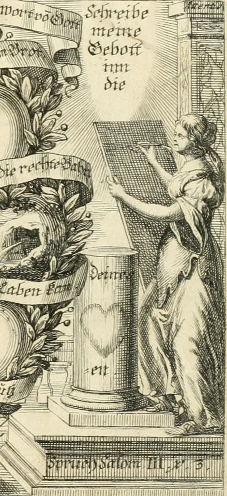 An illustration from Geistliche Herzens-Einbildungen inn zweihundert und fünfzig biblischen Figur-Sprüchen angedeutet : allen andächtige[n] Herze[n], u. der Tugent-Liebenden Jugent, zu einer Gottseligen Belustigung, auch denen Einfältigen, zu einer anmuthigen Vorstellung, unschweren Ergreiffung, und nuzlichen Fassung, auss allen canonischen Büchern der H. Schrifft ..., 1688, leaf 4