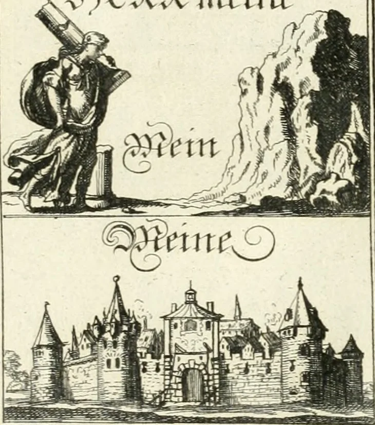 An illustration from Geistliche Herzens-Einbildungen inn zweihundert und fünfzig biblischen Figur-Sprüchen angedeutet : allen andächtige[n] Herze[n], u. der Tugent-Liebenden Jugent, zu einer Gottseligen Belustigung, auch denen Einfältigen, zu einer anmuthigen Vorstellung, unschweren Ergreiffung, und nuzlichen Fassung, auss allen canonischen Büchern der H. Schrifft ..., 1688, leaf 70