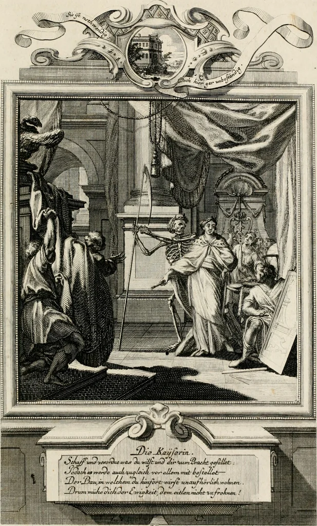 An illustration from Geistliche Todts-Gedancken : bey allerhand Gemählden und Schildereyen in Vorbildung unterschiedlichen Geschlechts, Alters, Standes, und Würdens-Persohnen sich des Todes zu erinneren, aus dessen Lehr die Tugend zu üben, und die Sünd zu meyden : erstlich in Kupfer entworffen, nachmahlen durch sittliche Erörtherung und Uberlegung unter Todten-Farben in Vorschein gebracht, dardurch zum Heyl der Seelen im Gemüth des geneigten Lesers ein lebendige Forcht und embsige Vorsorg des Todes zu erwecken, 1753, leaf 100
