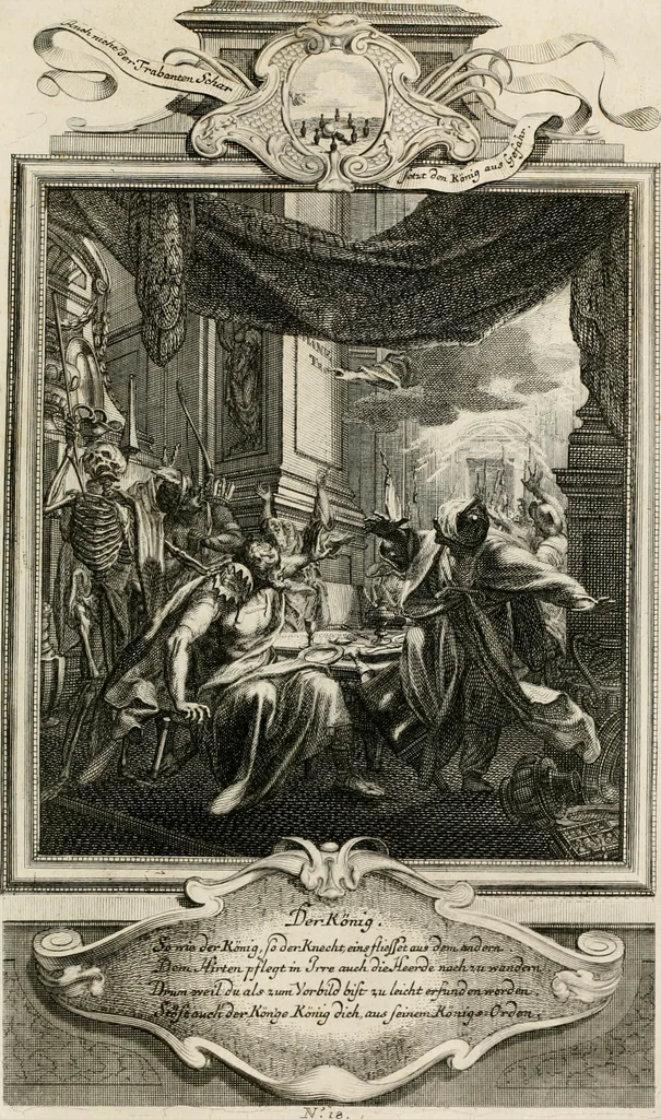 An illustration from Geistliche Todts-Gedancken : bey allerhand Gemählden und Schildereyen in Vorbildung unterschiedlichen Geschlechts, Alters, Standes, und Würdens-Persohnen sich des Todes zu erinneren, aus dessen Lehr die Tugend zu üben, und die Sünd zu meyden : erstlich in Kupfer entworffen, nachmahlen durch sittliche Erörtherung und Uberlegung unter Todten-Farben in Vorschein gebracht, dardurch zum Heyl der Seelen im Gemüth des geneigten Lesers ein lebendige Forcht und embsige Vorsorg des Todes zu erwecken, 1753, leaf 106