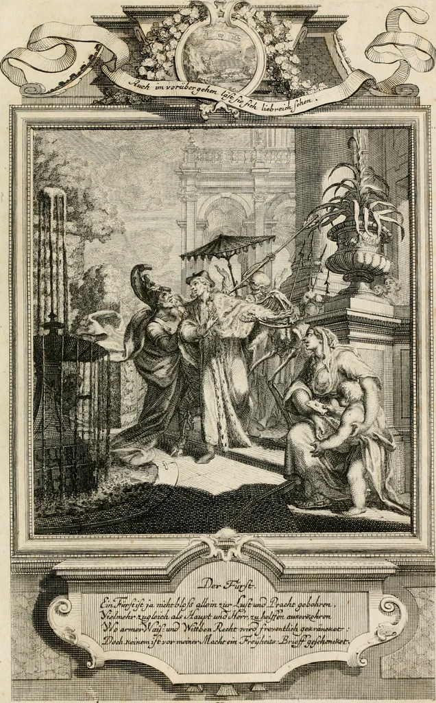 An illustration from Geistliche Todts-Gedancken : bey allerhand Gemählden und Schildereyen in Vorbildung unterschiedlichen Geschlechts, Alters, Standes, und Würdens-Persohnen sich des Todes zu erinneren, aus dessen Lehr die Tugend zu üben, und die Sünd zu meyden : erstlich in Kupfer entworffen, nachmahlen durch sittliche Erörtherung und Uberlegung unter Todten-Farben in Vorschein gebracht, dardurch zum Heyl der Seelen im Gemüth des geneigten Lesers ein lebendige Forcht und embsige Vorsorg des Todes zu erwecken, 1753, leaf 118