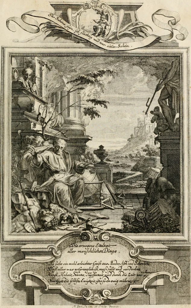 An illustration from Geistliche Todts-Gedancken : bey allerhand Gemählden und Schildereyen in Vorbildung unterschiedlichen Geschlechts, Alters, Standes, und Würdens-Persohnen sich des Todes zu erinneren, aus dessen Lehr die Tugend zu üben, und die Sünd zu meyden : erstlich in Kupfer entworffen, nachmahlen durch sittliche Erörtherung und Uberlegung unter Todten-Farben in Vorschein gebracht, dardurch zum Heyl der Seelen im Gemüth des geneigten Lesers ein lebendige Forcht und embsige Vorsorg des Todes zu erwecken, 1753, leaf 12