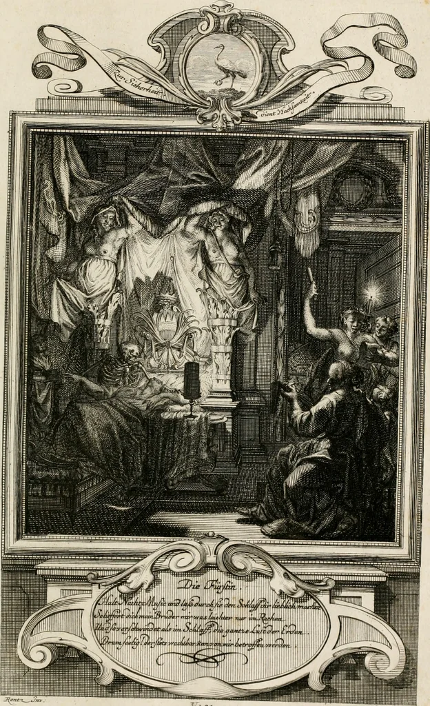 An illustration from Geistliche Todts-Gedancken : bey allerhand Gemählden und Schildereyen in Vorbildung unterschiedlichen Geschlechts, Alters, Standes, und Würdens-Persohnen sich des Todes zu erinneren, aus dessen Lehr die Tugend zu üben, und die Sünd zu meyden : erstlich in Kupfer entworffen, nachmahlen durch sittliche Erörtherung und Uberlegung unter Todten-Farben in Vorschein gebracht, dardurch zum Heyl der Seelen im Gemüth des geneigten Lesers ein lebendige Forcht und embsige Vorsorg des Todes zu erwecken, 1753, leaf 124