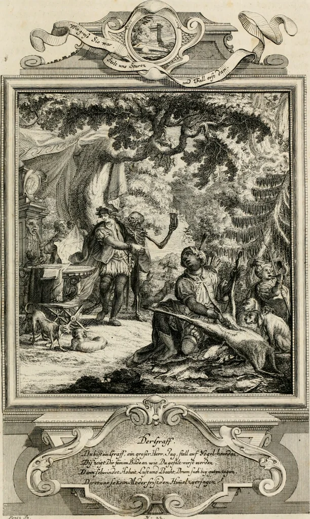 An illustration from Geistliche Todts-Gedancken : bey allerhand Gemählden und Schildereyen in Vorbildung unterschiedlichen Geschlechts, Alters, Standes, und Würdens-Persohnen sich des Todes zu erinneren, aus dessen Lehr die Tugend zu üben, und die Sünd zu meyden : erstlich in Kupfer entworffen, nachmahlen durch sittliche Erörtherung und Uberlegung unter Todten-Farben in Vorschein gebracht, dardurch zum Heyl der Seelen im Gemüth des geneigten Lesers ein lebendige Forcht und embsige Vorsorg des Todes zu erwecken, 1753, leaf 130