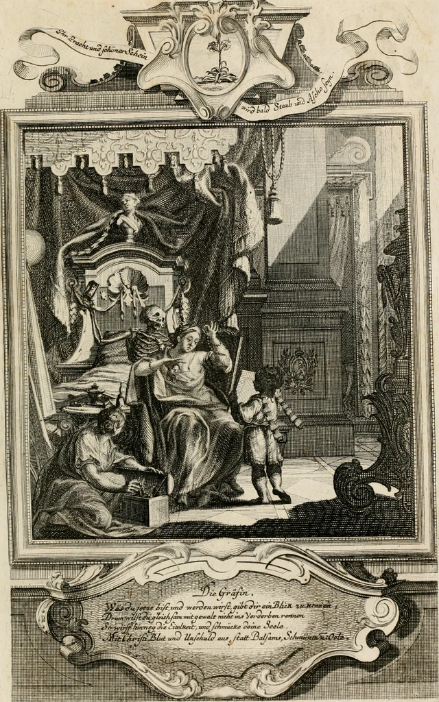 An illustration from Geistliche Todts-Gedancken : bey allerhand Gemählden und Schildereyen in Vorbildung unterschiedlichen Geschlechts, Alters, Standes, und Würdens-Persohnen sich des Todes zu erinneren, aus dessen Lehr die Tugend zu üben, und die Sünd zu meyden : erstlich in Kupfer entworffen, nachmahlen durch sittliche Erörtherung und Uberlegung unter Todten-Farben in Vorschein gebracht, dardurch zum Heyl der Seelen im Gemüth des geneigten Lesers ein lebendige Forcht und embsige Vorsorg des Todes zu erwecken, 1753, leaf 136