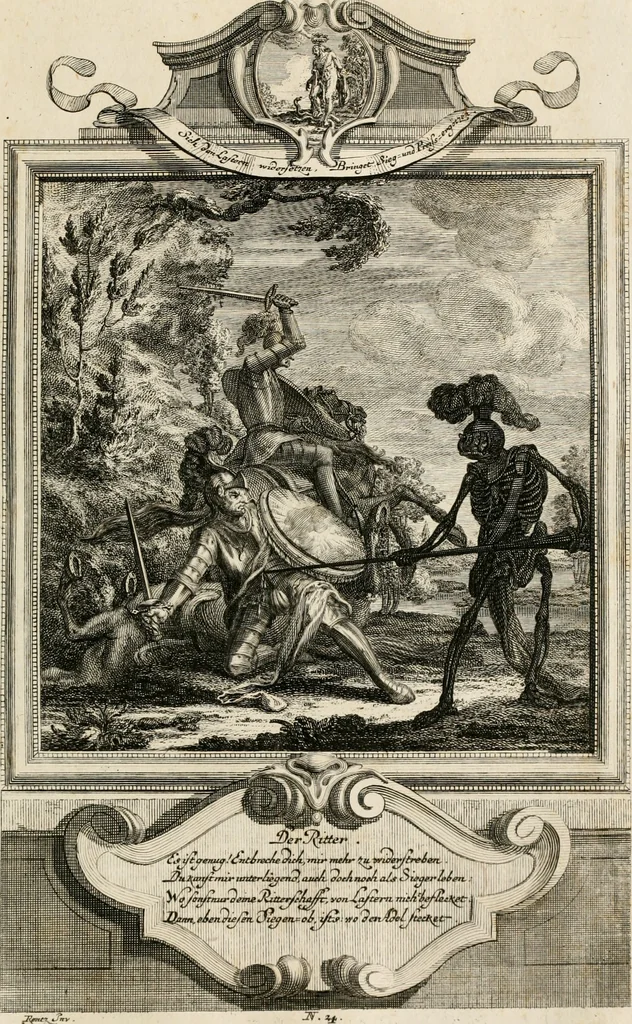 An illustration from Geistliche Todts-Gedancken : bey allerhand Gemählden und Schildereyen in Vorbildung unterschiedlichen Geschlechts, Alters, Standes, und Würdens-Persohnen sich des Todes zu erinneren, aus dessen Lehr die Tugend zu üben, und die Sünd zu meyden : erstlich in Kupfer entworffen, nachmahlen durch sittliche Erörtherung und Uberlegung unter Todten-Farben in Vorschein gebracht, dardurch zum Heyl der Seelen im Gemüth des geneigten Lesers ein lebendige Forcht und embsige Vorsorg des Todes zu erwecken, 1753, leaf 140