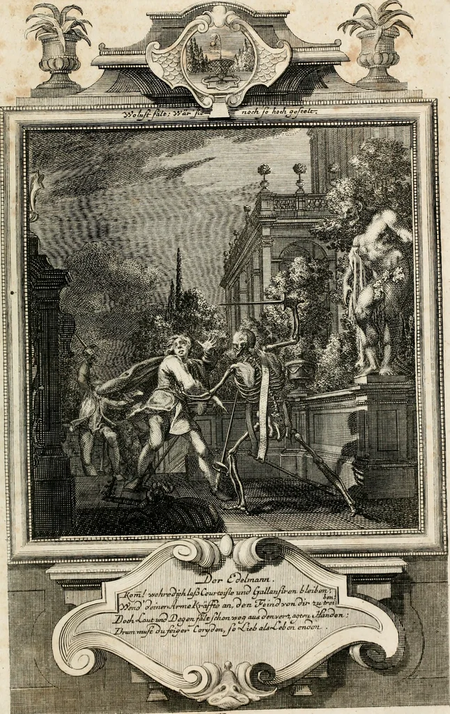 An illustration from Geistliche Todts-Gedancken : bey allerhand Gemählden und Schildereyen in Vorbildung unterschiedlichen Geschlechts, Alters, Standes, und Würdens-Persohnen sich des Todes zu erinneren, aus dessen Lehr die Tugend zu üben, und die Sünd zu meyden : erstlich in Kupfer entworffen, nachmahlen durch sittliche Erörtherung und Uberlegung unter Todten-Farben in Vorschein gebracht, dardurch zum Heyl der Seelen im Gemüth des geneigten Lesers ein lebendige Forcht und embsige Vorsorg des Todes zu erwecken, 1753, leaf 146