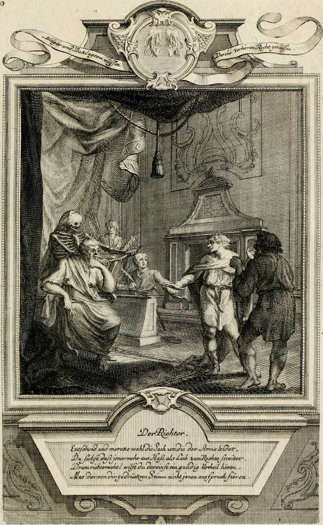 An illustration from Geistliche Todts-Gedancken : bey allerhand Gemählden und Schildereyen in Vorbildung unterschiedlichen Geschlechts, Alters, Standes, und Würdens-Persohnen sich des Todes zu erinneren, aus dessen Lehr die Tugend zu üben, und die Sünd zu meyden : erstlich in Kupfer entworffen, nachmahlen durch sittliche Erörtherung und Uberlegung unter Todten-Farben in Vorschein gebracht, dardurch zum Heyl der Seelen im Gemüth des geneigten Lesers ein lebendige Forcht und embsige Vorsorg des Todes zu erwecken, 1753, leaf 152