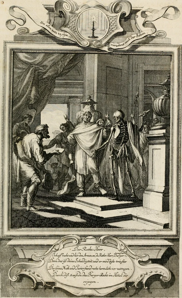 An illustration from Geistliche Todts-Gedancken : bey allerhand Gemählden und Schildereyen in Vorbildung unterschiedlichen Geschlechts, Alters, Standes, und Würdens-Persohnen sich des Todes zu erinneren, aus dessen Lehr die Tugend zu üben, und die Sünd zu meyden : erstlich in Kupfer entworffen, nachmahlen durch sittliche Erörtherung und Uberlegung unter Todten-Farben in Vorschein gebracht, dardurch zum Heyl der Seelen im Gemüth des geneigten Lesers ein lebendige Forcht und embsige Vorsorg des Todes zu erwecken, 1753, leaf 158