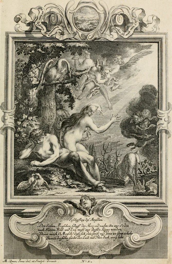 An illustration from Geistliche Todts-Gedancken : bey allerhand Gemählden und Schildereyen in Vorbildung unterschiedlichen Geschlechts, Alters, Standes, und Würdens-Persohnen sich des Todes zu erinneren, aus dessen Lehr die Tugend zu üben, und die Sünd zu meyden : erstlich in Kupfer entworffen, nachmahlen durch sittliche Erörtherung und Uberlegung unter Todten-Farben in Vorschein gebracht, dardurch zum Heyl der Seelen im Gemüth des geneigten Lesers ein lebendige Forcht und embsige Vorsorg des Todes zu erwecken, 1753, leaf 16