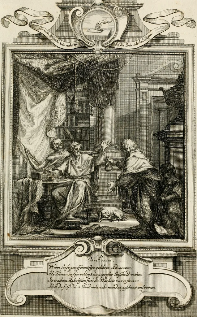 An illustration from Geistliche Todts-Gedancken : bey allerhand Gemählden und Schildereyen in Vorbildung unterschiedlichen Geschlechts, Alters, Standes, und Würdens-Persohnen sich des Todes zu erinneren, aus dessen Lehr die Tugend zu üben, und die Sünd zu meyden : erstlich in Kupfer entworffen, nachmahlen durch sittliche Erörtherung und Uberlegung unter Todten-Farben in Vorschein gebracht, dardurch zum Heyl der Seelen im Gemüth des geneigten Lesers ein lebendige Forcht und embsige Vorsorg des Todes zu erwecken, 1753, leaf 164