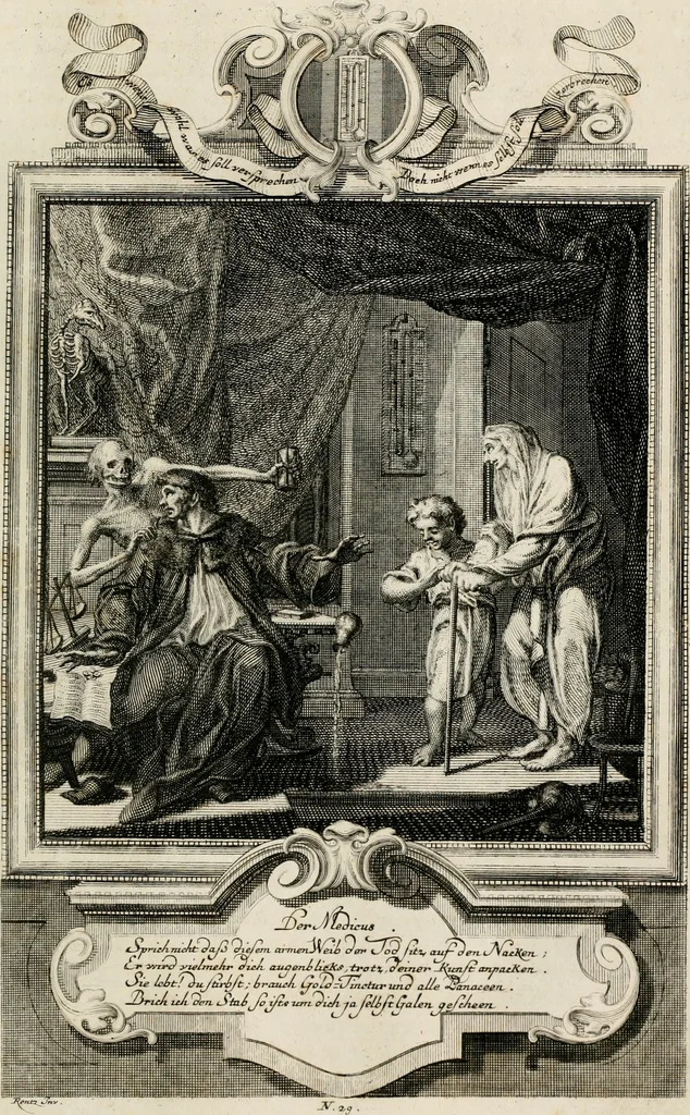 An illustration from Geistliche Todts-Gedancken : bey allerhand Gemählden und Schildereyen in Vorbildung unterschiedlichen Geschlechts, Alters, Standes, und Würdens-Persohnen sich des Todes zu erinneren, aus dessen Lehr die Tugend zu üben, und die Sünd zu meyden : erstlich in Kupfer entworffen, nachmahlen durch sittliche Erörtherung und Uberlegung unter Todten-Farben in Vorschein gebracht, dardurch zum Heyl der Seelen im Gemüth des geneigten Lesers ein lebendige Forcht und embsige Vorsorg des Todes zu erwecken, 1753, leaf 170