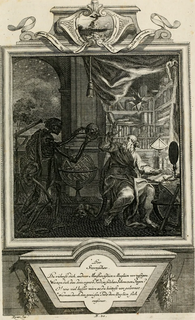 An illustration from Geistliche Todts-Gedancken : bey allerhand Gemählden und Schildereyen in Vorbildung unterschiedlichen Geschlechts, Alters, Standes, und Würdens-Persohnen sich des Todes zu erinneren, aus dessen Lehr die Tugend zu üben, und die Sünd zu meyden : erstlich in Kupfer entworffen, nachmahlen durch sittliche Erörtherung und Uberlegung unter Todten-Farben in Vorschein gebracht, dardurch zum Heyl der Seelen im Gemüth des geneigten Lesers ein lebendige Forcht und embsige Vorsorg des Todes zu erwecken, 1753, leaf 176