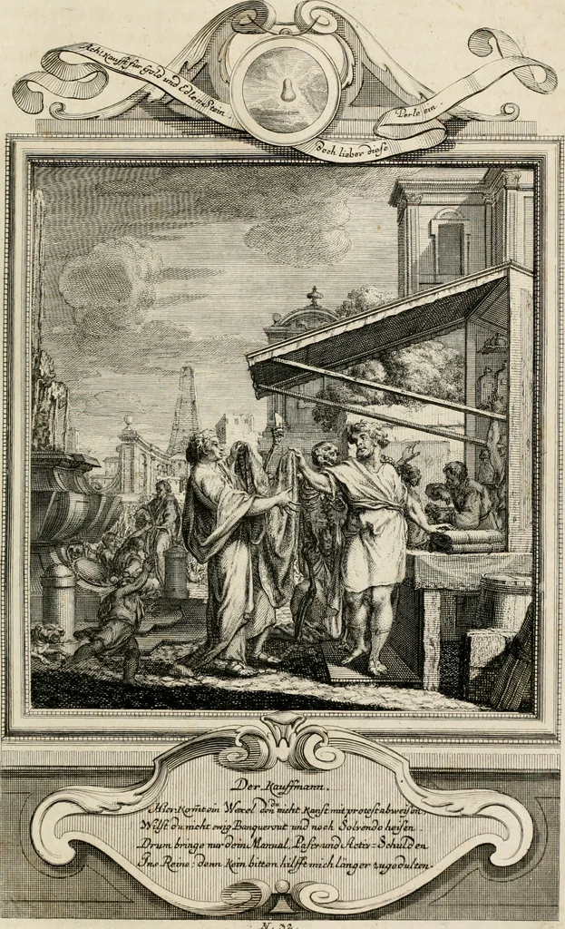 An illustration from Geistliche Todts-Gedancken : bey allerhand Gemählden und Schildereyen in Vorbildung unterschiedlichen Geschlechts, Alters, Standes, und Würdens-Persohnen sich des Todes zu erinneren, aus dessen Lehr die Tugend zu üben, und die Sünd zu meyden : erstlich in Kupfer entworffen, nachmahlen durch sittliche Erörtherung und Uberlegung unter Todten-Farben in Vorschein gebracht, dardurch zum Heyl der Seelen im Gemüth des geneigten Lesers ein lebendige Forcht und embsige Vorsorg des Todes zu erwecken, 1753, leaf 186